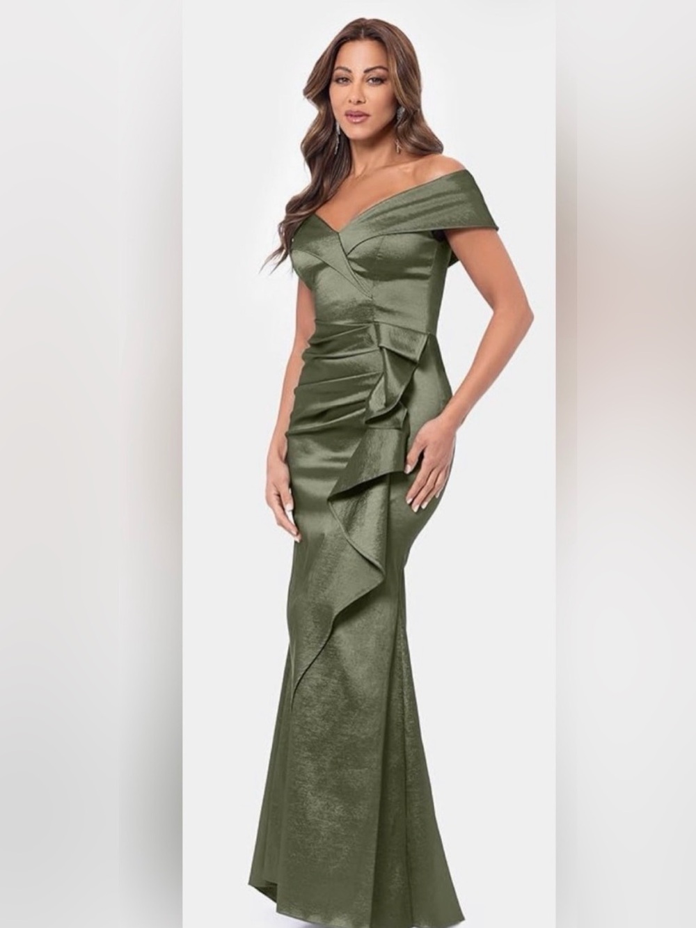 Xscape Evenings Olive Off Shoulder Taffeta Mermaid Gown Formal Dress 4 NEW